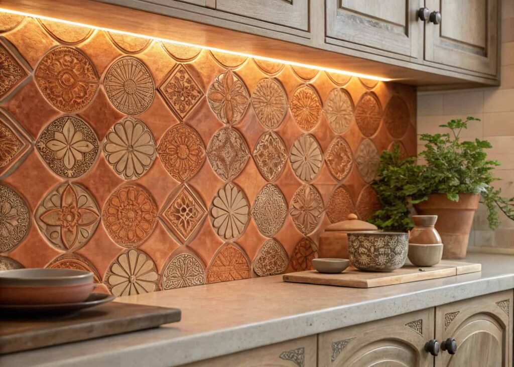 Zellige tile backsplash with natural texture, a 2026 kitchen wall trend