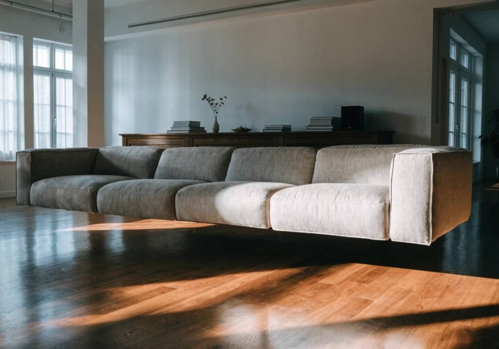 Floating sectional sofa layout positioned away from the living room walls