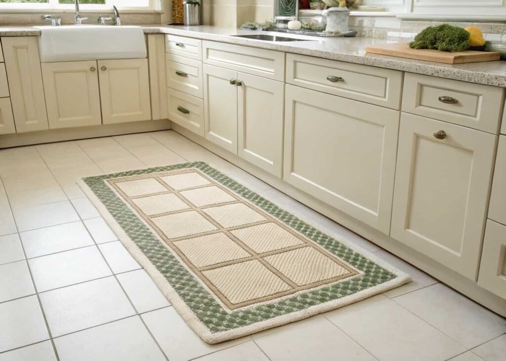 Washable low-pile rug placed in front of kitchen sink on tile flooring