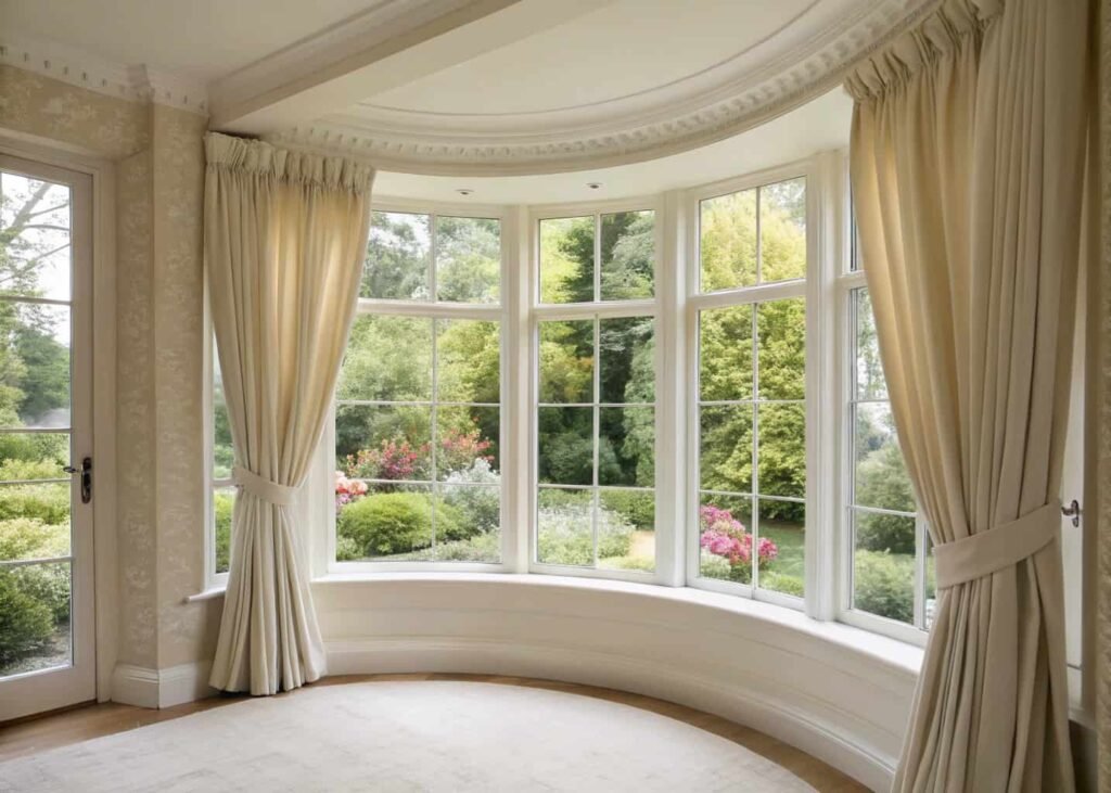 Bay window fitted with curved rod and lightweight curtain panels