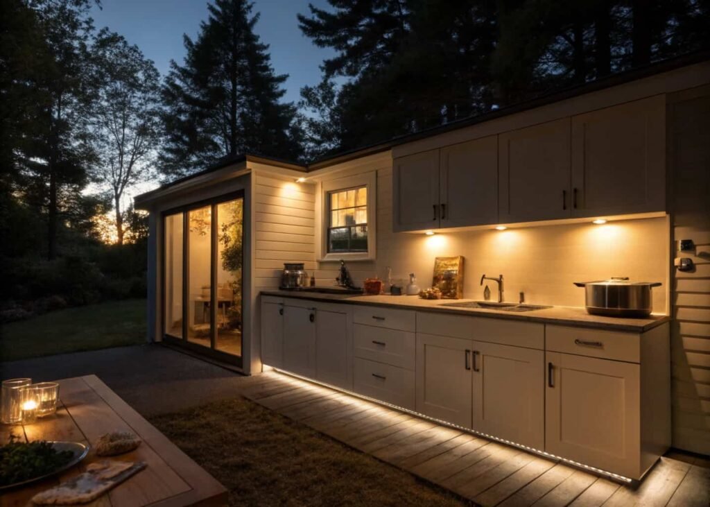 Battery-powered under-cabinet lighting adding warmth to a small rental kitchen.