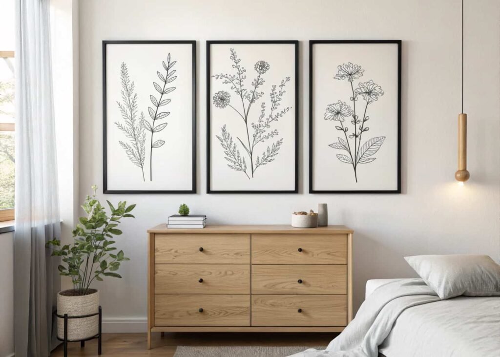 Framed botanical prints as bedroom wall decor