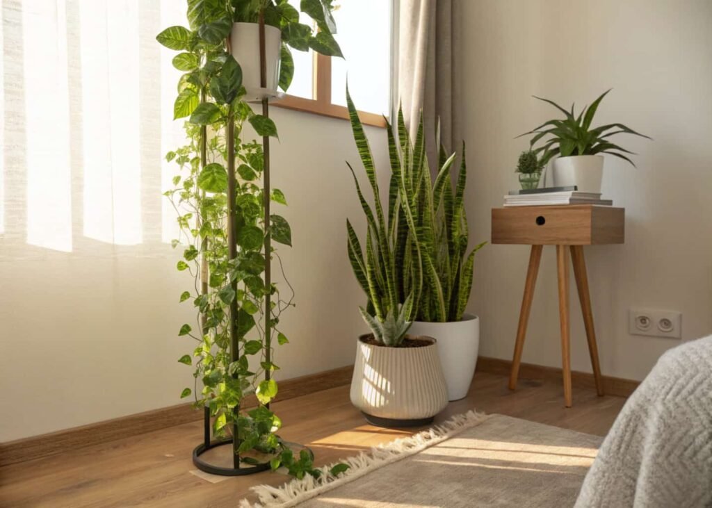 Layered plant corner with snake plant and trailing pothos in aesthetic bedroom