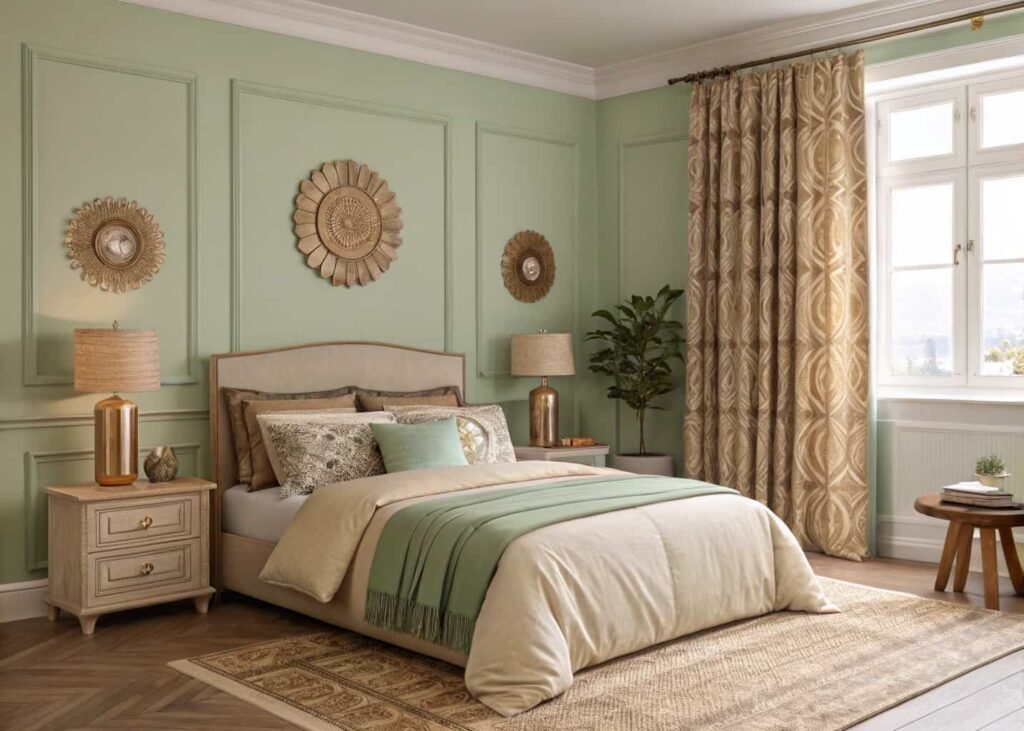 Beginner bedroom color palette in sage green and warm beige