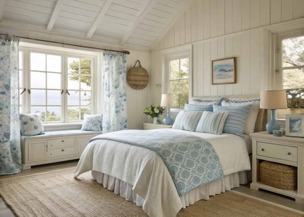 coastal grandmother bedroom aesthetic with linen and soft blue tones