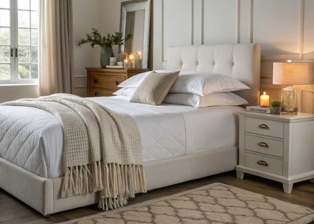 Finished bedroom makeover with fresh bedding and warm lamp lighting