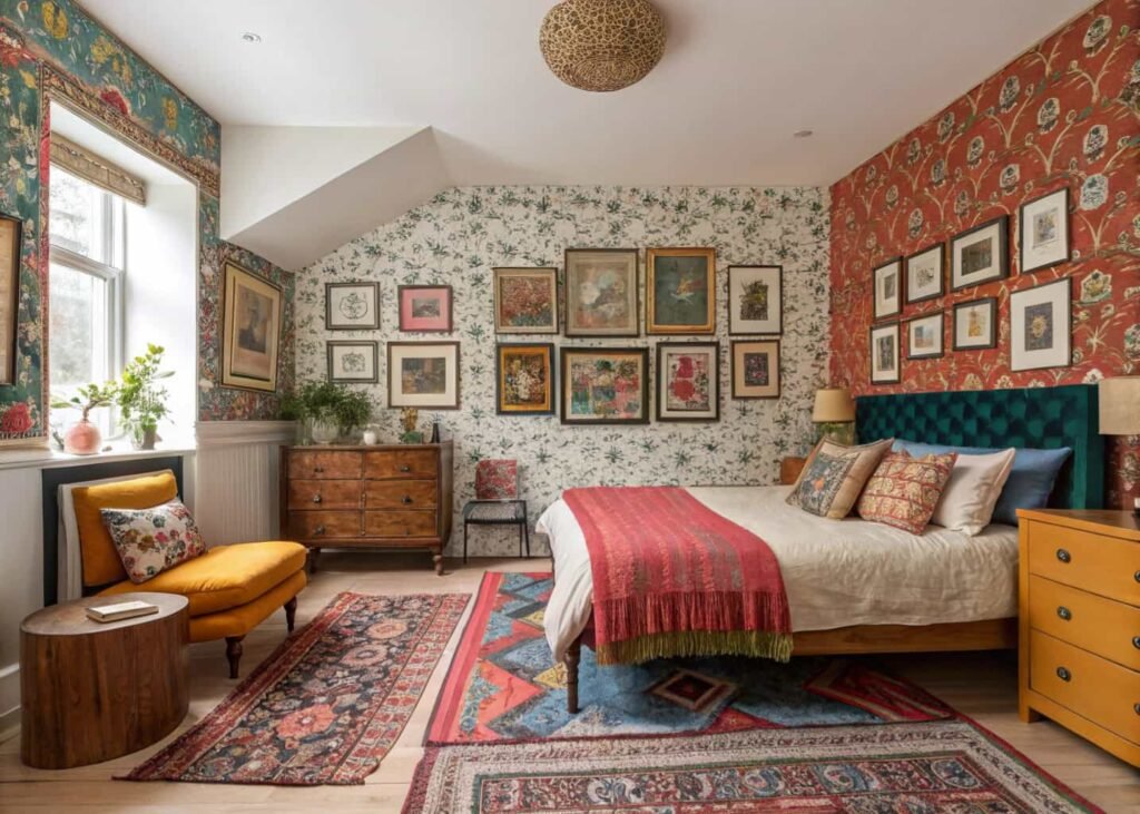 Eclectic maximalist bedroom with bold wallpaper and layered gallery wall