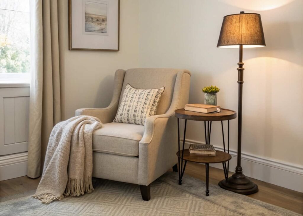 Cozy bedroom reading nook with armchair, side table, and floor lamp