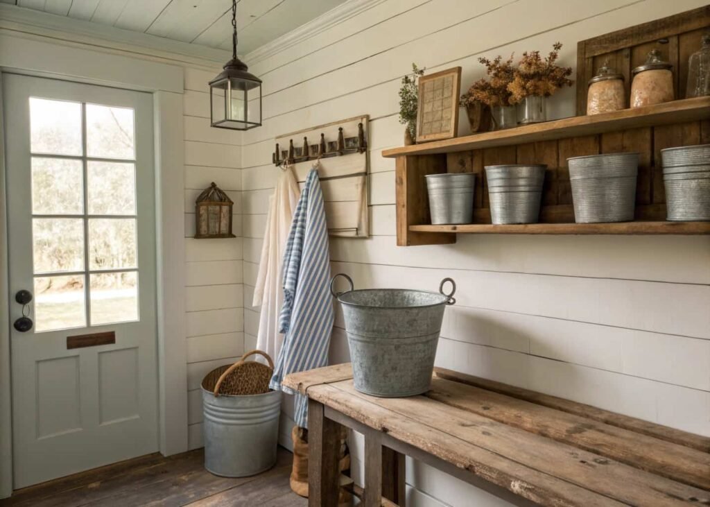 Farmhouse laundry room with shiplap wall, wood shelf, and galvanized bucket