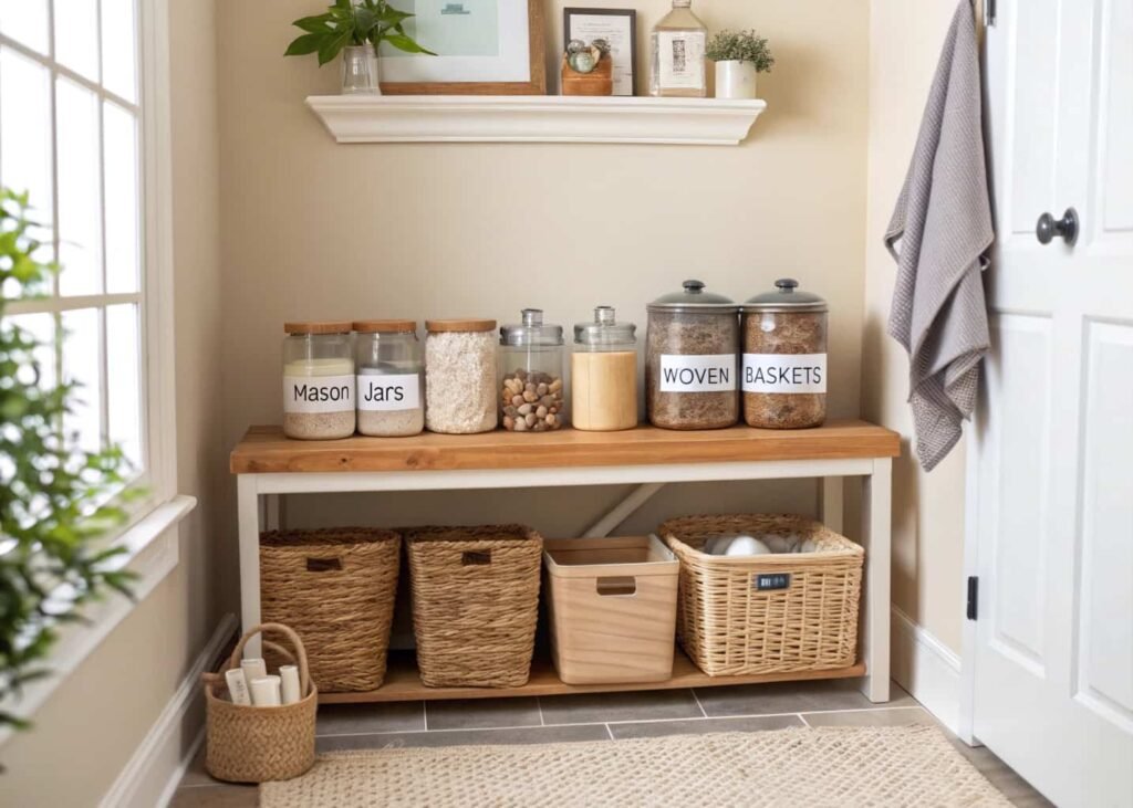 Budget laundry room storage using jars, baskets, and handwritten labels.