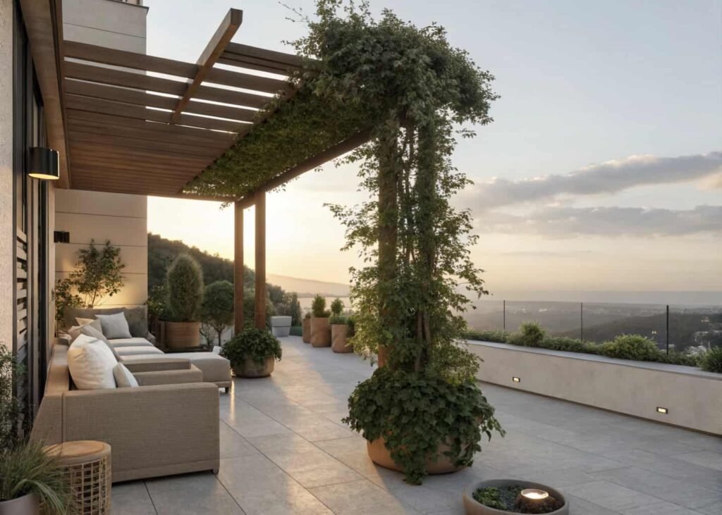Terrace with a pergola covered in greenery as the single focal point