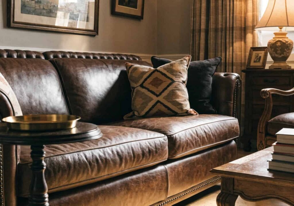 Classic brown leather sofa bringing a timeless look to the living room