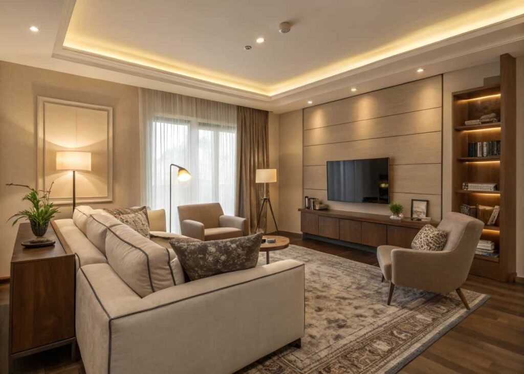 L-shaped living room design with a defined corner reading nook.
