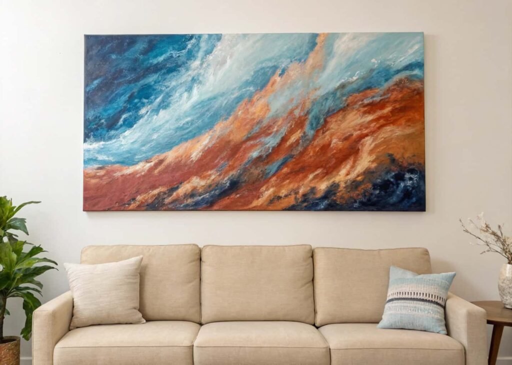 large abstract canvas painting in blue and rust tones hung above a beige sofa