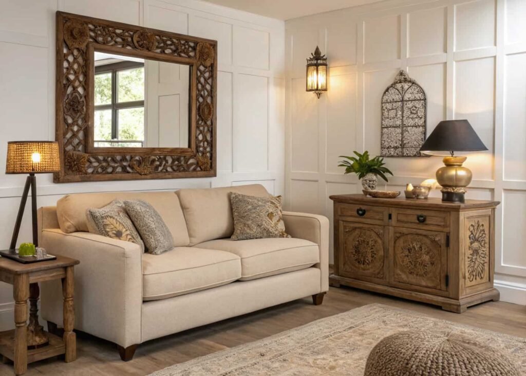 Vintage-inspired living room mixing a carved wood side table with modern sofa and lighting.