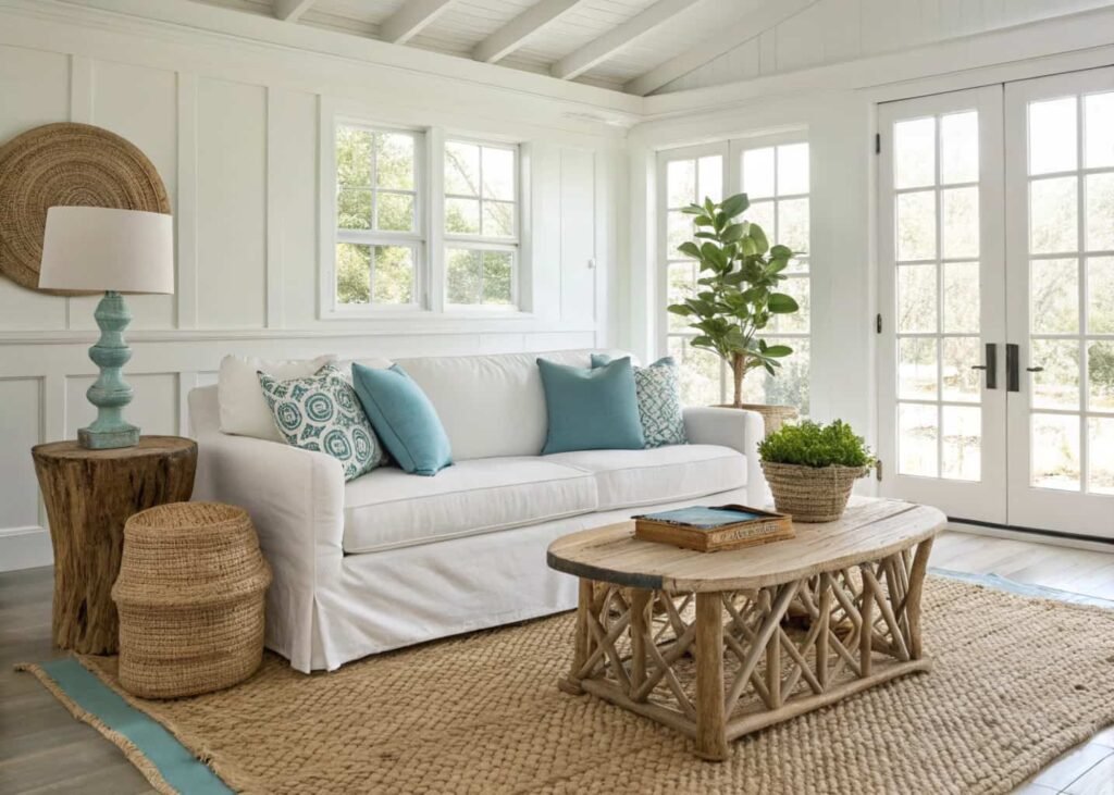 Coastal living room with a linen slipcovered sofa, driftwood coffee table, and a single blue-green accent cushion
