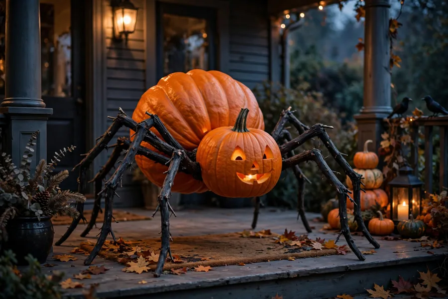 Giant spider made from two pumpkins on a porch