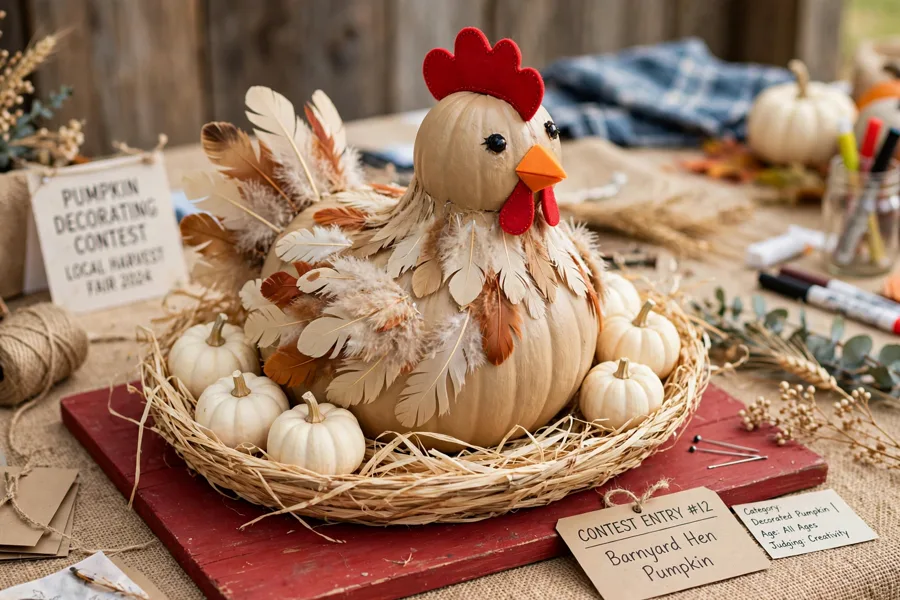 Barnyard hen pumpkin sitting on a nest