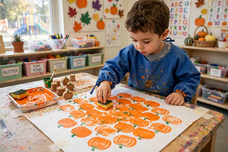 Child stamping sponge pumpkins on paper