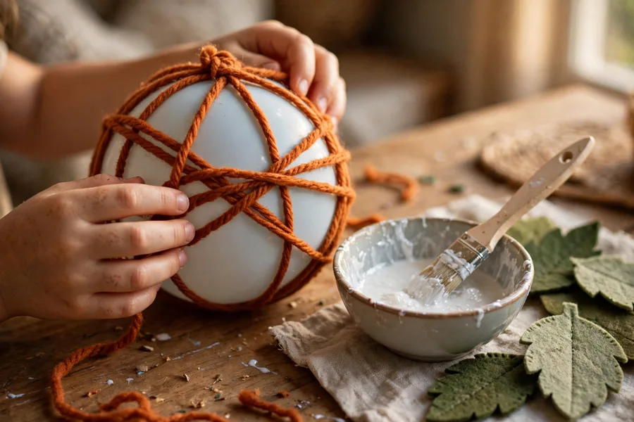 Hands wrapping yarn around a balloon pumpkin