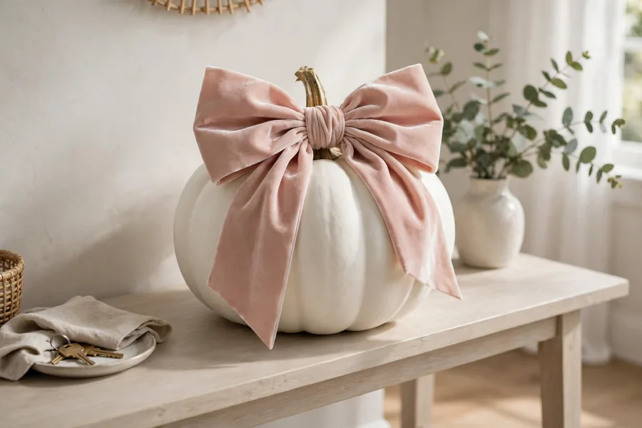 White pumpkin with a large blush bow