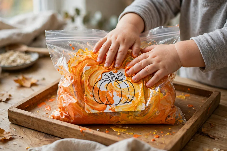Toddler squishing paint inside a sealed bag