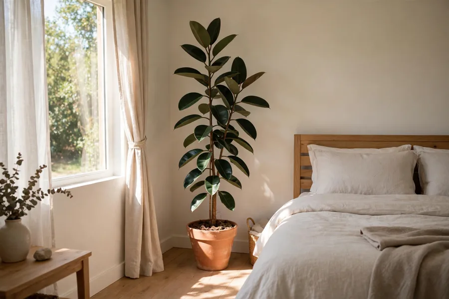 Tall green plant in a bright bedroom corner