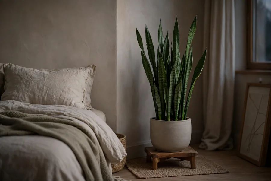 Snake plant in a dim bedroom corner