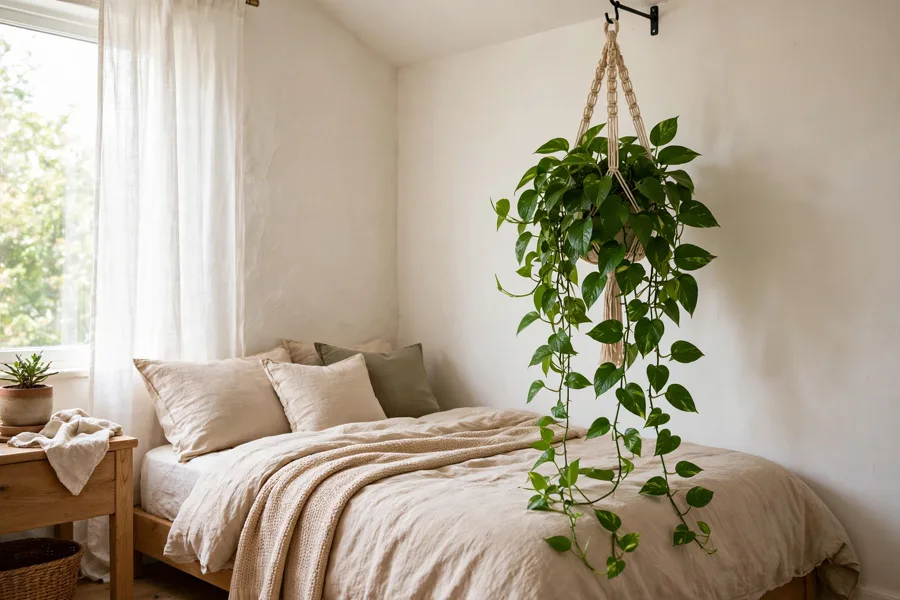 Pothos hanging from a ceiling hook in a bedroom corner