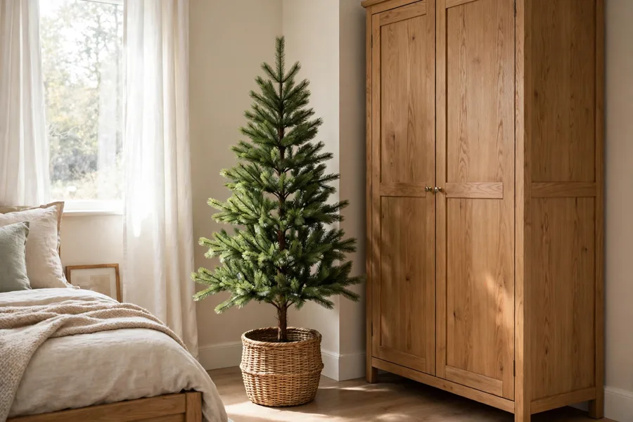 Faux pine tree in bedroom corner
