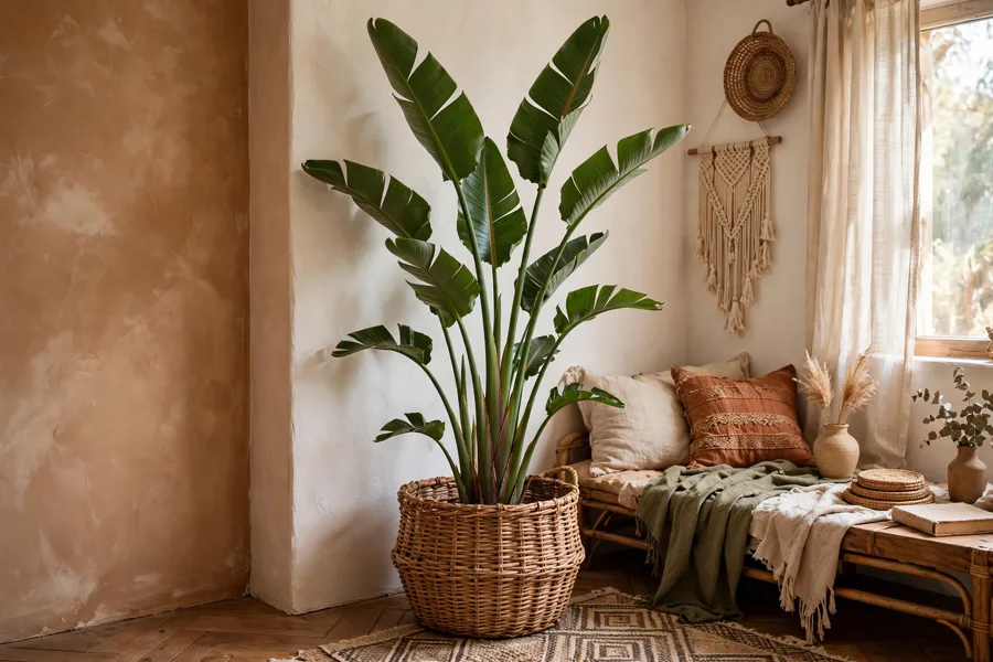 Tall plant in a woven rattan basket