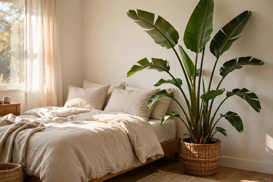 Tall bird of paradise plant in a bedroom corner