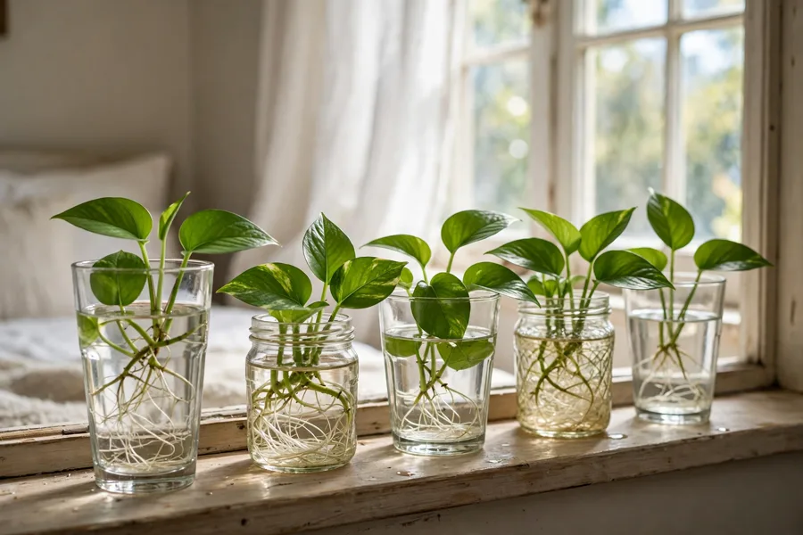 Cuttings rooting in glass jars on a windowsill