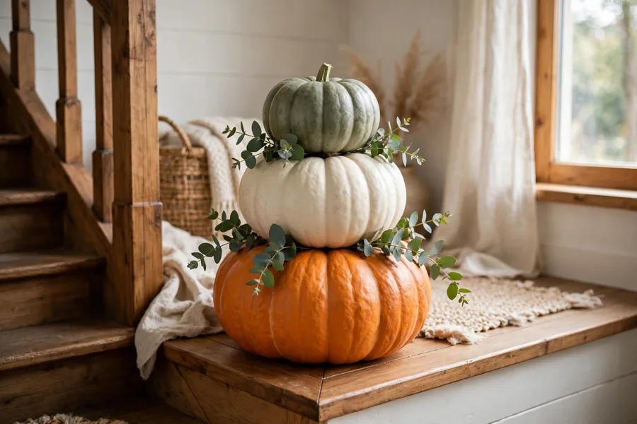 Stacked pumpkins on a staircase landing