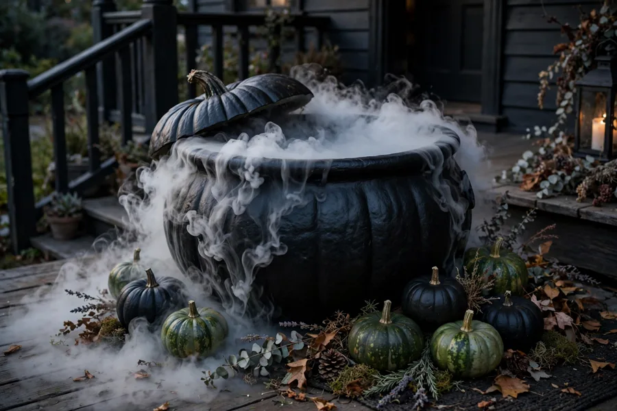 Black pumpkin cauldron with fog spilling over