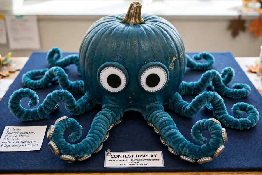 Teal octopus pumpkin with curly legs