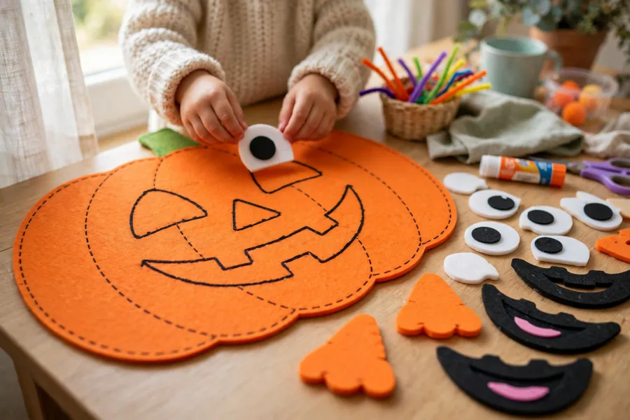 Preschooler swapping faces on a pumpkin mat