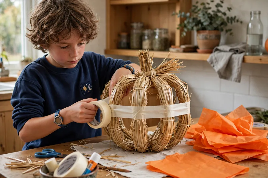 Child wrapping tape around a straw pumpkin frame