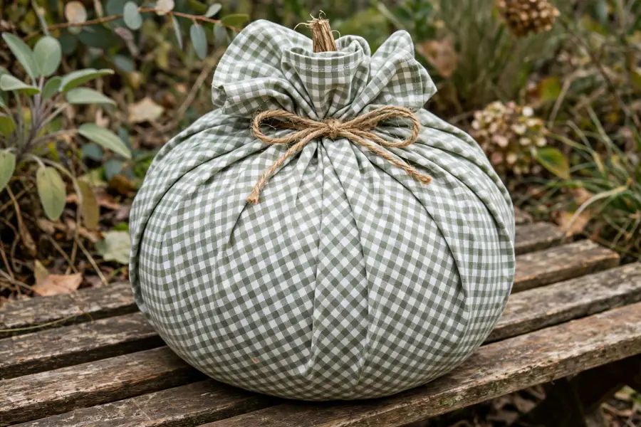 Gingham fabric wrapped pumpkin on a bench