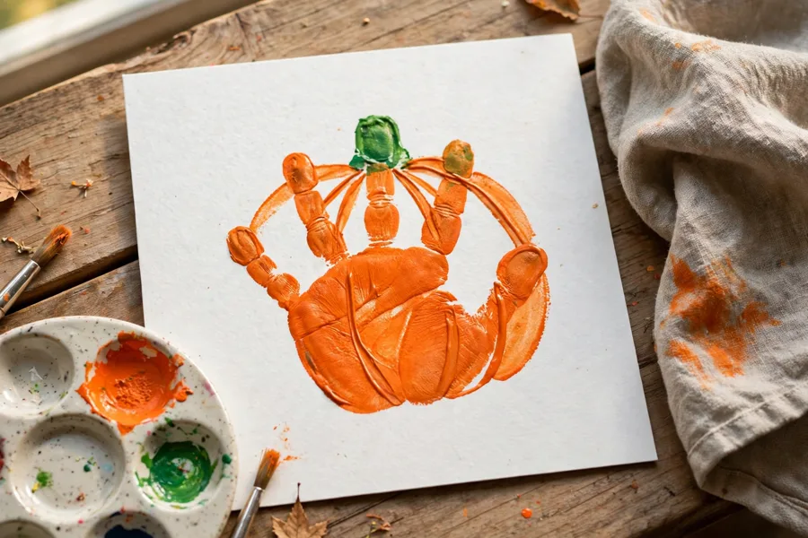 Orange handprint turned into a pumpkin picture