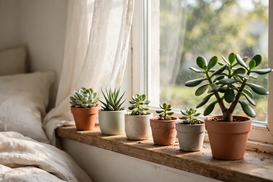 Small potted plants on a bedroom windowsill