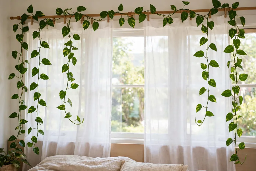 Pothos vines trailing along a bedroom curtain rod