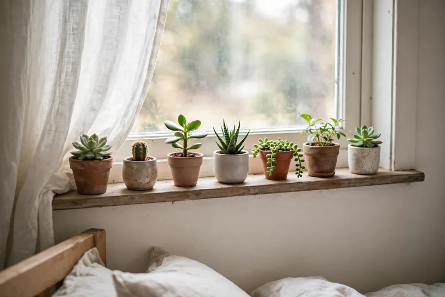 Small potted plants on a windowsill