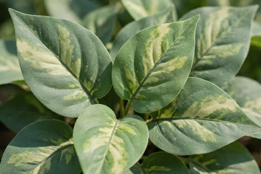 Close-up of variegated faux plant leaves