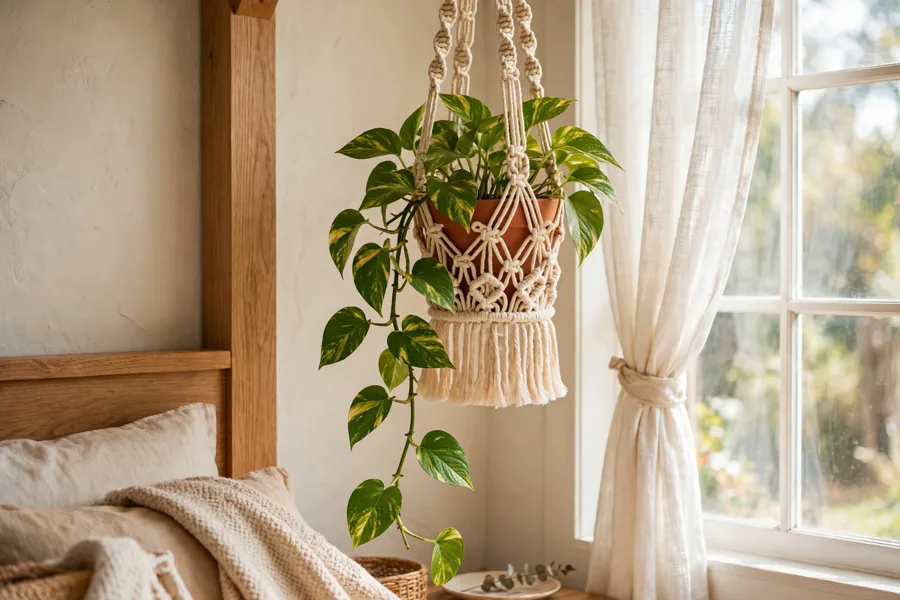 Pothos trailing from a macramé hanger