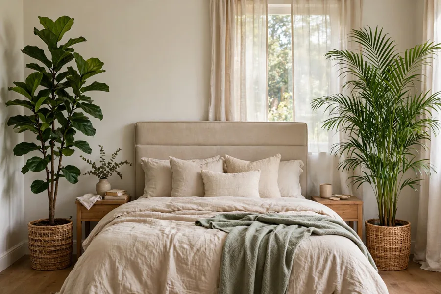Tall green plants flanking both sides of a bed