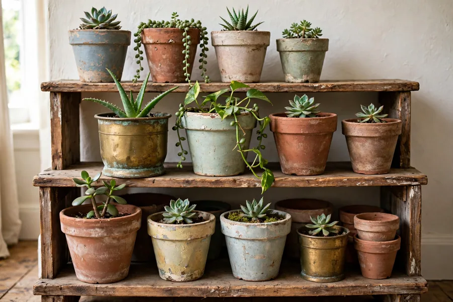 Mismatched thrifted plant pots on a shelf