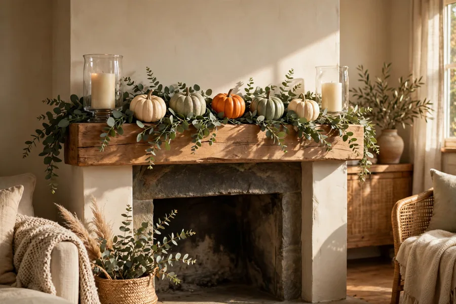 Mini pumpkins woven into a mantel garland