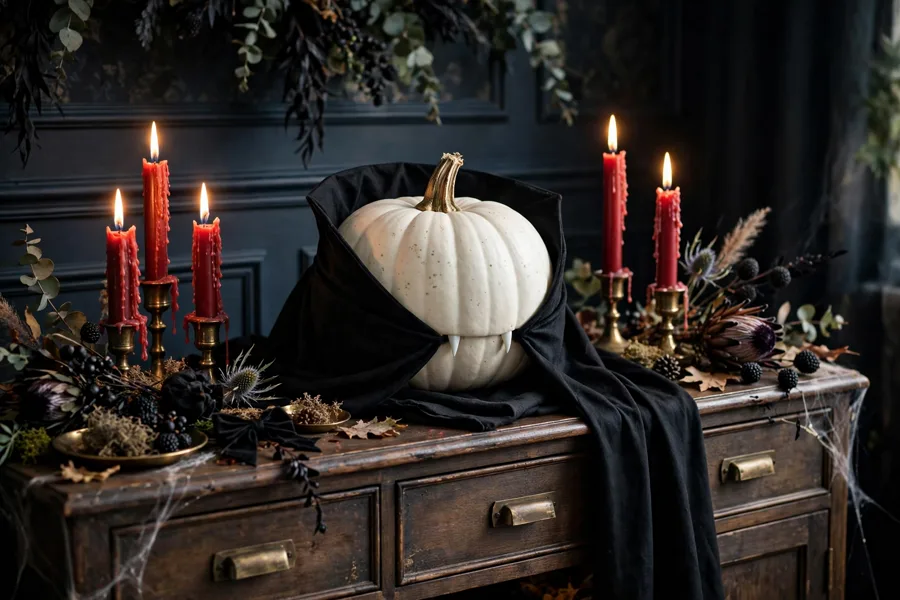 White vampire pumpkin with a black cape on a sideboard