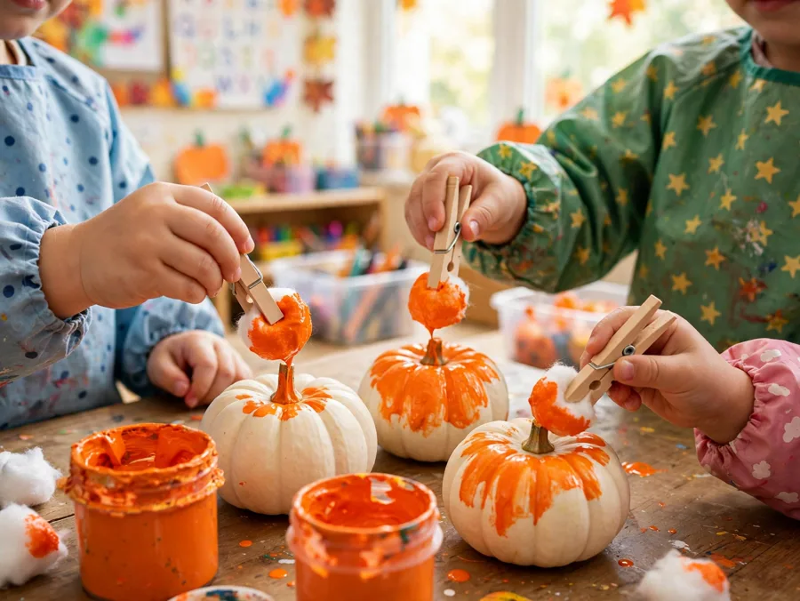 Painting mini pumpkins with cotton balls in clothespins
